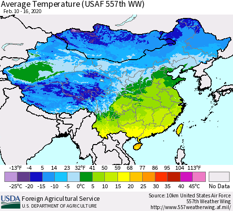 China and Taiwan Average Temperature (USAF 557th WW) Thematic Map For 2/10/2020 - 2/16/2020