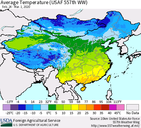 China and Taiwan Average Temperature (USAF 557th WW) Thematic Map For 2/24/2020 - 3/1/2020