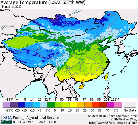 China, Mongolia and Taiwan Average Temperature (USAF 557th WW) Thematic Map For 3/2/2020 - 3/8/2020