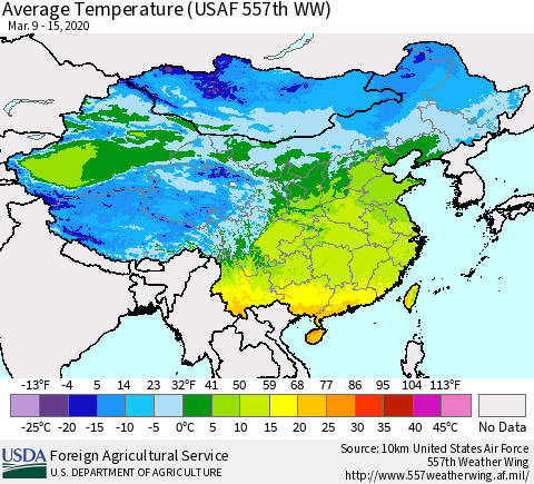 China and Taiwan Average Temperature (USAF 557th WW) Thematic Map For 3/9/2020 - 3/15/2020