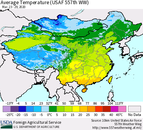 China and Taiwan Average Temperature (USAF 557th WW) Thematic Map For 3/23/2020 - 3/29/2020