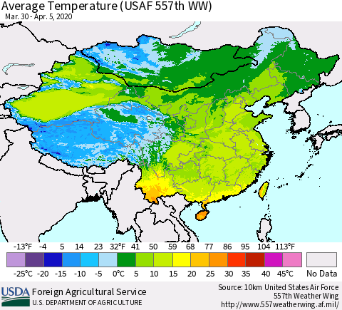 China, Mongolia and Taiwan Average Temperature (USAF 557th WW) Thematic Map For 3/30/2020 - 4/5/2020