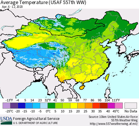 China and Taiwan Average Temperature (USAF 557th WW) Thematic Map For 4/6/2020 - 4/12/2020