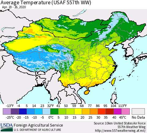 China and Taiwan Average Temperature (USAF 557th WW) Thematic Map For 4/20/2020 - 4/26/2020
