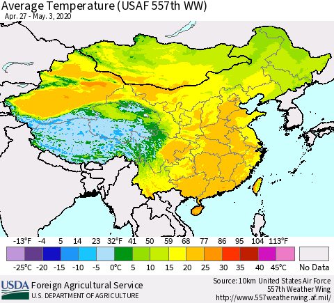 China, Mongolia and Taiwan Average Temperature (USAF 557th WW) Thematic Map For 4/27/2020 - 5/3/2020