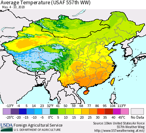 China, Mongolia and Taiwan Average Temperature (USAF 557th WW) Thematic Map For 5/4/2020 - 5/10/2020