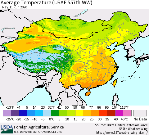 China and Taiwan Average Temperature (USAF 557th WW) Thematic Map For 5/11/2020 - 5/17/2020