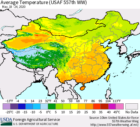 China and Taiwan Average Temperature (USAF 557th WW) Thematic Map For 5/18/2020 - 5/24/2020