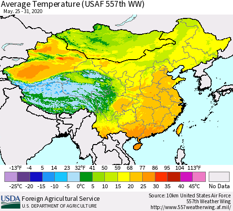 China and Taiwan Average Temperature (USAF 557th WW) Thematic Map For 5/25/2020 - 5/31/2020