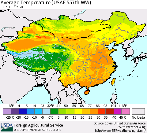 China, Mongolia and Taiwan Average Temperature (USAF 557th WW) Thematic Map For 6/1/2020 - 6/7/2020