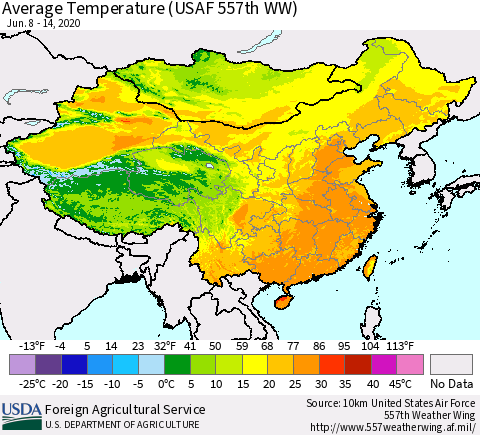 China, Mongolia and Taiwan Average Temperature (USAF 557th WW) Thematic Map For 6/8/2020 - 6/14/2020