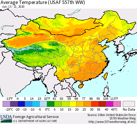 China and Taiwan Average Temperature (USAF 557th WW) Thematic Map For 6/15/2020 - 6/21/2020