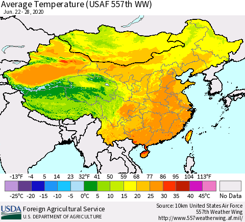 China and Taiwan Average Temperature (USAF 557th WW) Thematic Map For 6/22/2020 - 6/28/2020