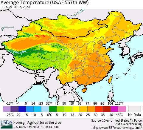 China and Taiwan Average Temperature (USAF 557th WW) Thematic Map For 6/29/2020 - 7/5/2020
