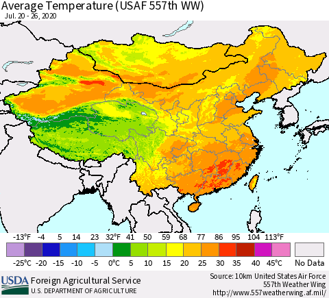 China and Taiwan Average Temperature (USAF 557th WW) Thematic Map For 7/20/2020 - 7/26/2020