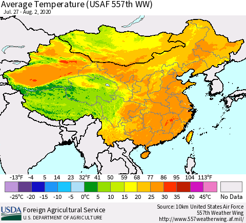 China and Taiwan Average Temperature (USAF 557th WW) Thematic Map For 7/27/2020 - 8/2/2020