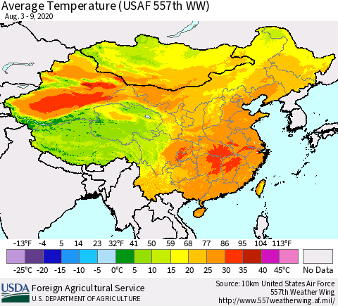 China and Taiwan Average Temperature (USAF 557th WW) Thematic Map For 8/3/2020 - 8/9/2020