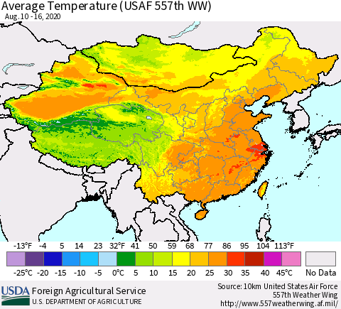 China and Taiwan Average Temperature (USAF 557th WW) Thematic Map For 8/10/2020 - 8/16/2020