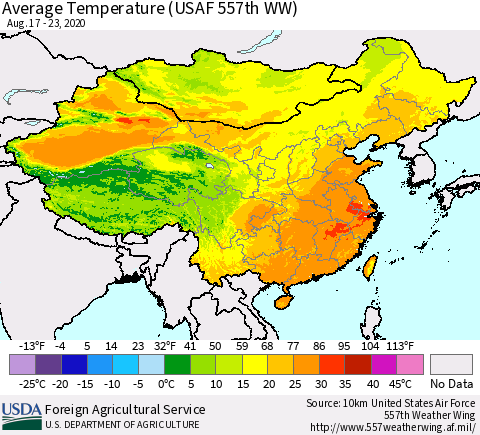 China, Mongolia and Taiwan Average Temperature (USAF 557th WW) Thematic Map For 8/17/2020 - 8/23/2020