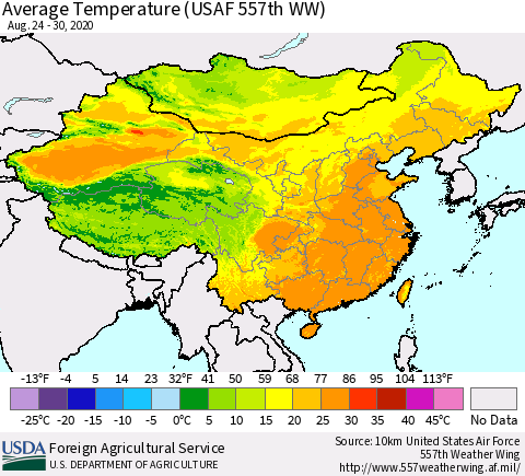 China and Taiwan Average Temperature (USAF 557th WW) Thematic Map For 8/24/2020 - 8/30/2020