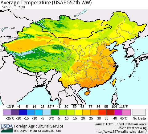 China and Taiwan Average Temperature (USAF 557th WW) Thematic Map For 9/7/2020 - 9/13/2020