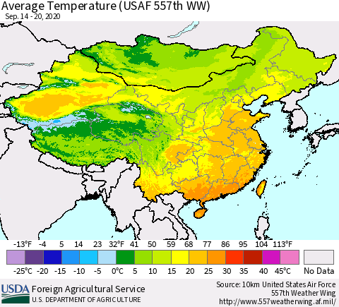 China and Taiwan Average Temperature (USAF 557th WW) Thematic Map For 9/14/2020 - 9/20/2020