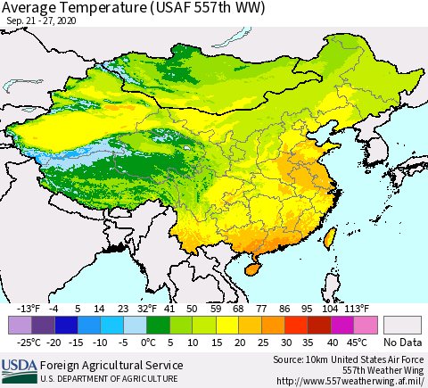China and Taiwan Average Temperature (USAF 557th WW) Thematic Map For 9/21/2020 - 9/27/2020