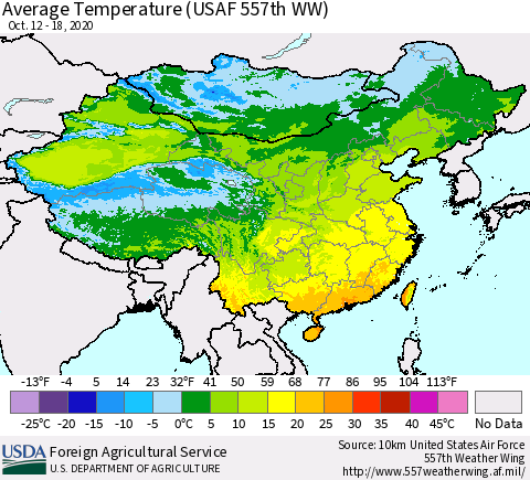 China and Taiwan Average Temperature (USAF 557th WW) Thematic Map For 10/12/2020 - 10/18/2020