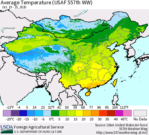 China, Mongolia and Taiwan Average Temperature (USAF 557th WW) Thematic Map For 10/19/2020 - 10/25/2020