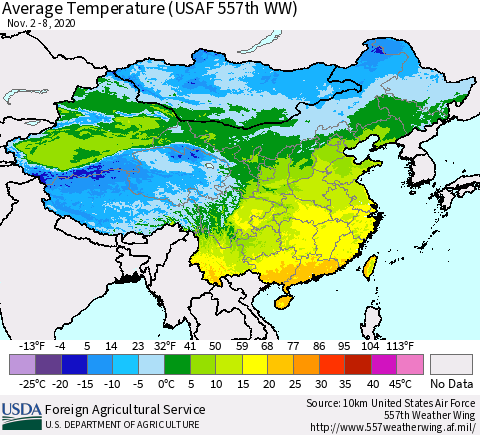 China, Mongolia and Taiwan Average Temperature (USAF 557th WW) Thematic Map For 11/2/2020 - 11/8/2020