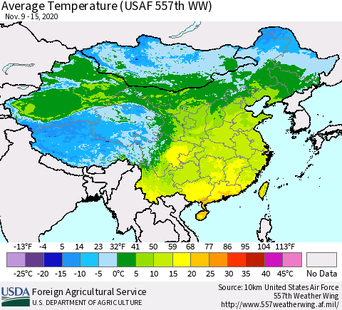 China, Mongolia and Taiwan Average Temperature (USAF 557th WW) Thematic Map For 11/9/2020 - 11/15/2020