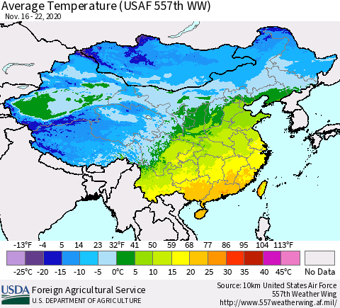 China, Mongolia and Taiwan Average Temperature (USAF 557th WW) Thematic Map For 11/16/2020 - 11/22/2020