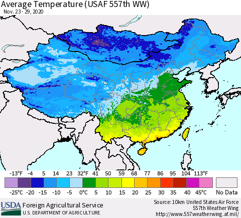 China, Mongolia and Taiwan Average Temperature (USAF 557th WW) Thematic Map For 11/23/2020 - 11/29/2020