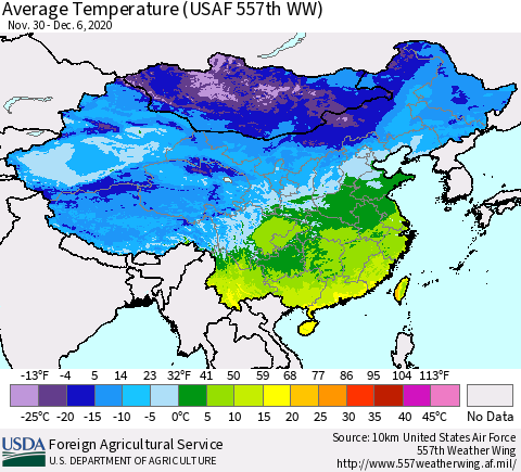 China, Mongolia and Taiwan Average Temperature (USAF 557th WW) Thematic Map For 11/30/2020 - 12/6/2020