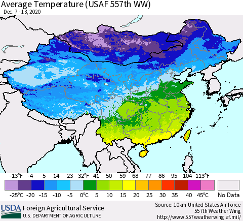 China, Mongolia and Taiwan Average Temperature (USAF 557th WW) Thematic Map For 12/7/2020 - 12/13/2020