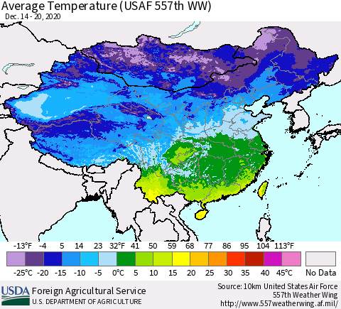 China, Mongolia and Taiwan Average Temperature (USAF 557th WW) Thematic Map For 12/14/2020 - 12/20/2020