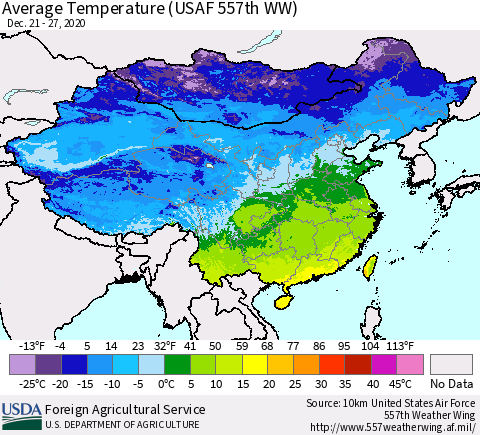 China, Mongolia and Taiwan Average Temperature (USAF 557th WW) Thematic Map For 12/21/2020 - 12/27/2020