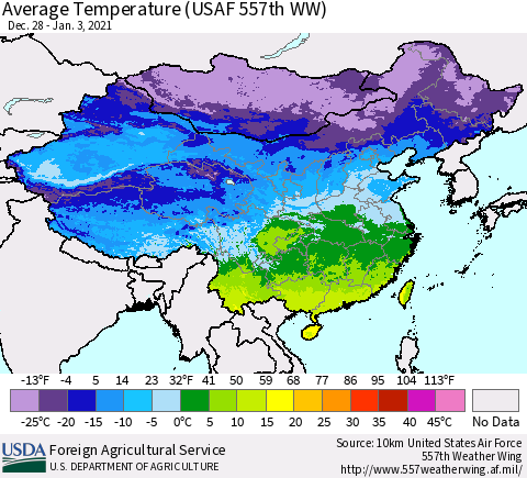 China, Mongolia and Taiwan Average Temperature (USAF 557th WW) Thematic Map For 12/28/2020 - 1/3/2021