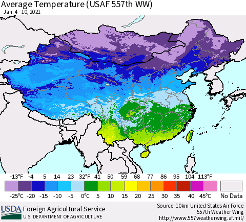 China, Mongolia and Taiwan Average Temperature (USAF 557th WW) Thematic Map For 1/4/2021 - 1/10/2021