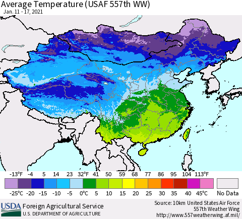 China, Mongolia and Taiwan Average Temperature (USAF 557th WW) Thematic Map For 1/11/2021 - 1/17/2021