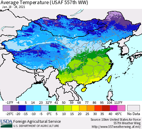 China, Mongolia and Taiwan Average Temperature (USAF 557th WW) Thematic Map For 1/18/2021 - 1/24/2021