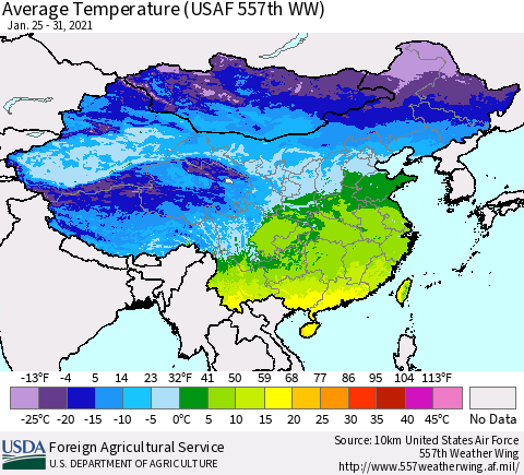 China, Mongolia and Taiwan Average Temperature (USAF 557th WW) Thematic Map For 1/25/2021 - 1/31/2021