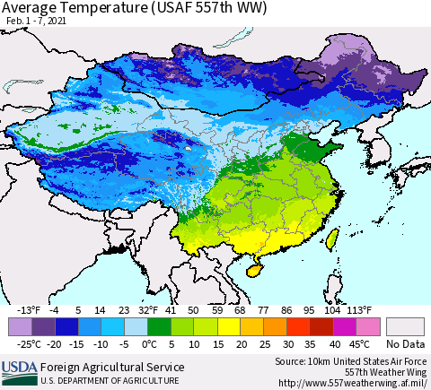 China, Mongolia and Taiwan Average Temperature (USAF 557th WW) Thematic Map For 2/1/2021 - 2/7/2021