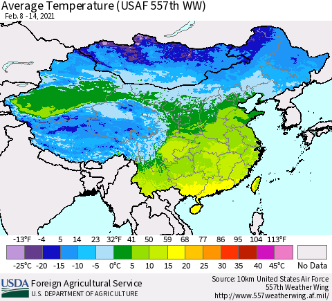 China, Mongolia and Taiwan Average Temperature (USAF 557th WW) Thematic Map For 2/8/2021 - 2/14/2021