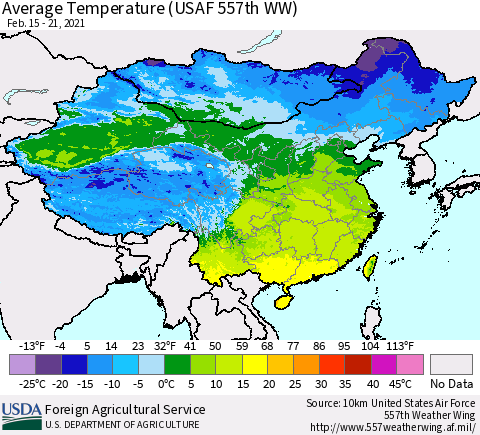China, Mongolia and Taiwan Average Temperature (USAF 557th WW) Thematic Map For 2/15/2021 - 2/21/2021