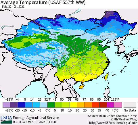 China, Mongolia and Taiwan Average Temperature (USAF 557th WW) Thematic Map For 2/22/2021 - 2/28/2021
