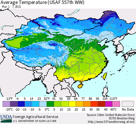 China, Mongolia and Taiwan Average Temperature (USAF 557th WW) Thematic Map For 3/1/2021 - 3/7/2021