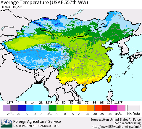 China, Mongolia and Taiwan Average Temperature (USAF 557th WW) Thematic Map For 3/8/2021 - 3/14/2021