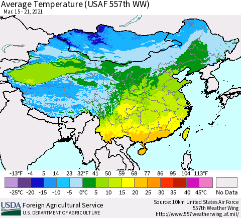 China, Mongolia and Taiwan Average Temperature (USAF 557th WW) Thematic Map For 3/15/2021 - 3/21/2021
