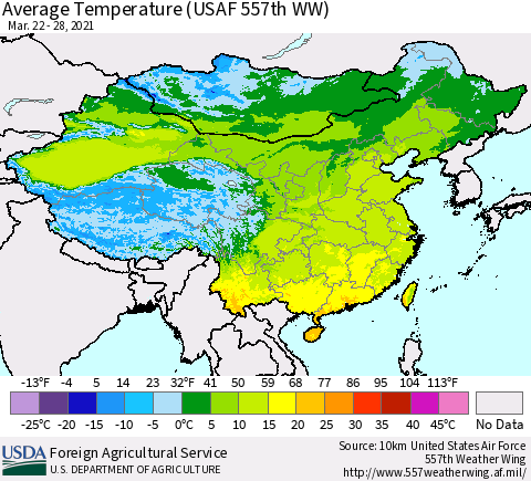 China, Mongolia and Taiwan Average Temperature (USAF 557th WW) Thematic Map For 3/22/2021 - 3/28/2021